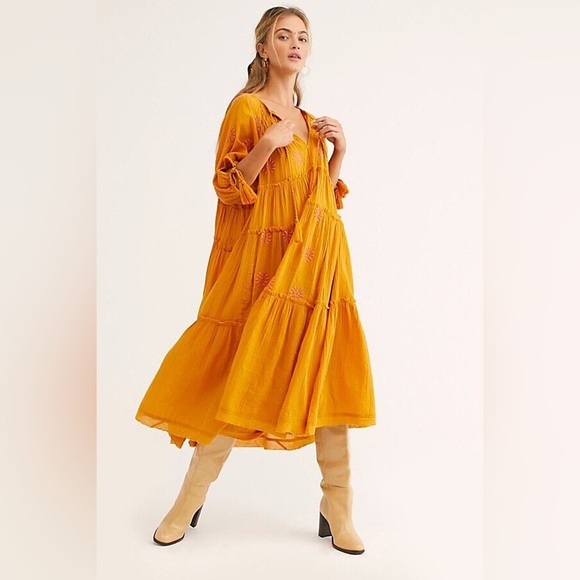 🔶Free People Celestial Skies Midi Dress Marigold, size S 🔶 - Picture 2 of 13